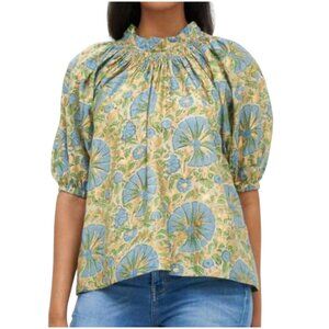 Oliphant Ankara Smocked Neck Top XS blue green gold floral Tuckernuck blouse